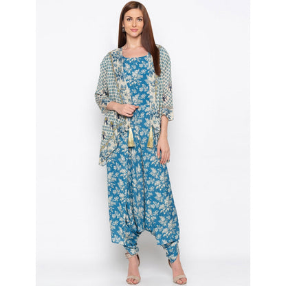 Soup by Sougat Paul Blue Printed Jumpsuit With Jacket - Customisable (Set of 2)