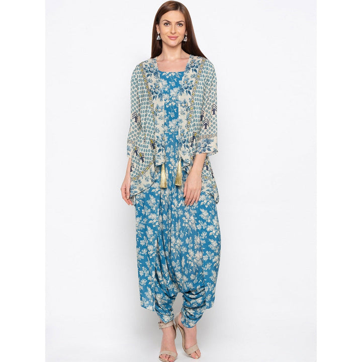 Soup by Sougat Paul Blue Printed Jumpsuit With Jacket - Customisable (Set of 2)
