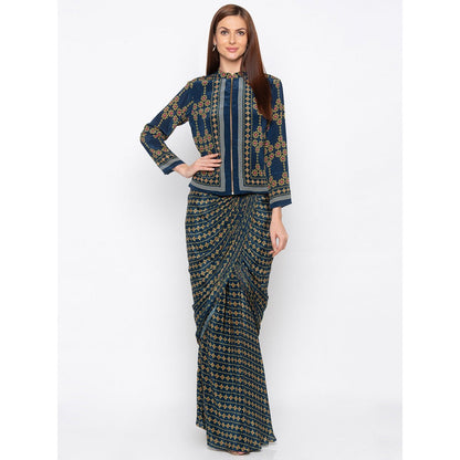Soup by Sougat Paul Teal Printed Drape Skirt With Jacket - Customisable (Set of 2)