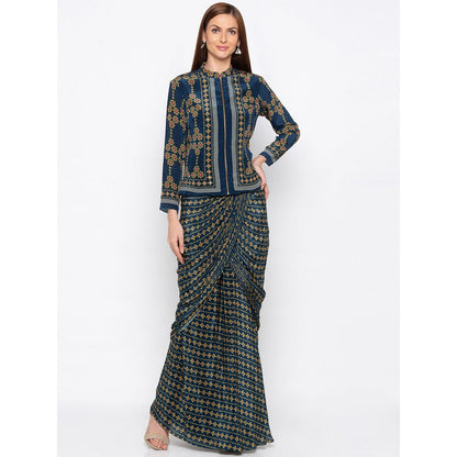 Soup by Sougat Paul Teal Printed Drape Skirt With Jacket - Customisable (Set of 2)