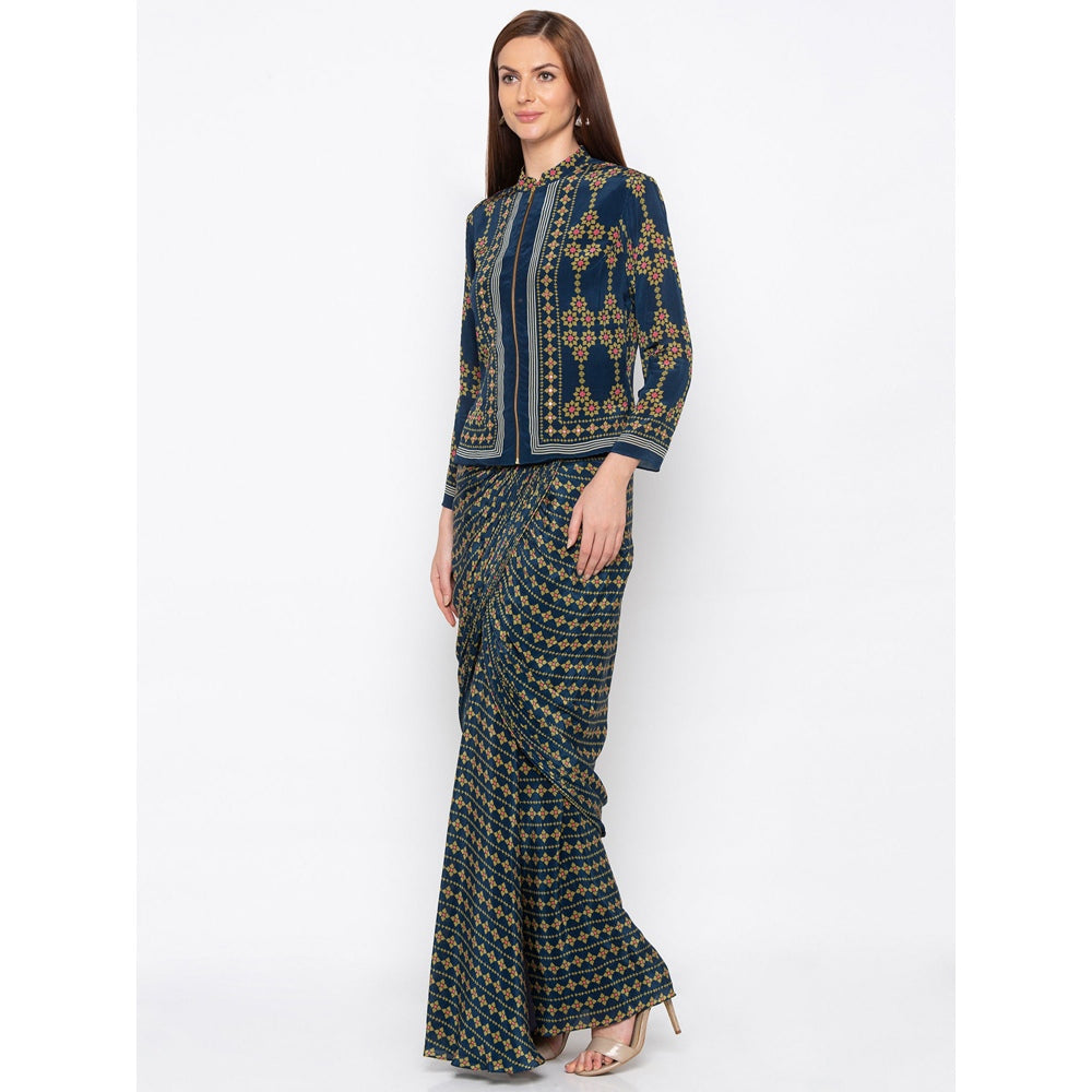 Soup by Sougat Paul Teal Printed Drape Skirt With Jacket - Customisable (Set of 2)