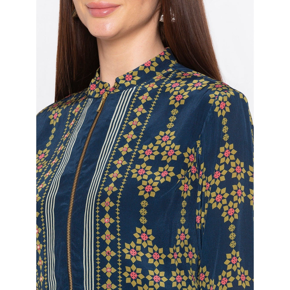 Soup by Sougat Paul Teal Printed Drape Skirt With Jacket - Customisable (Set of 2)