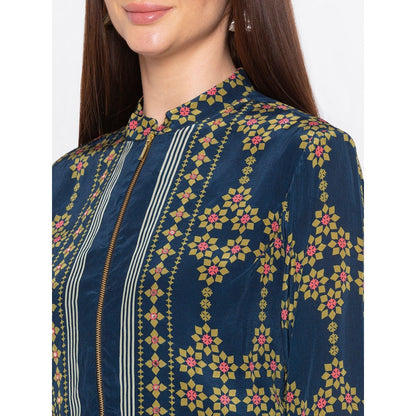 Soup by Sougat Paul Teal Printed Drape Skirt With Jacket - Customisable (Set of 2)