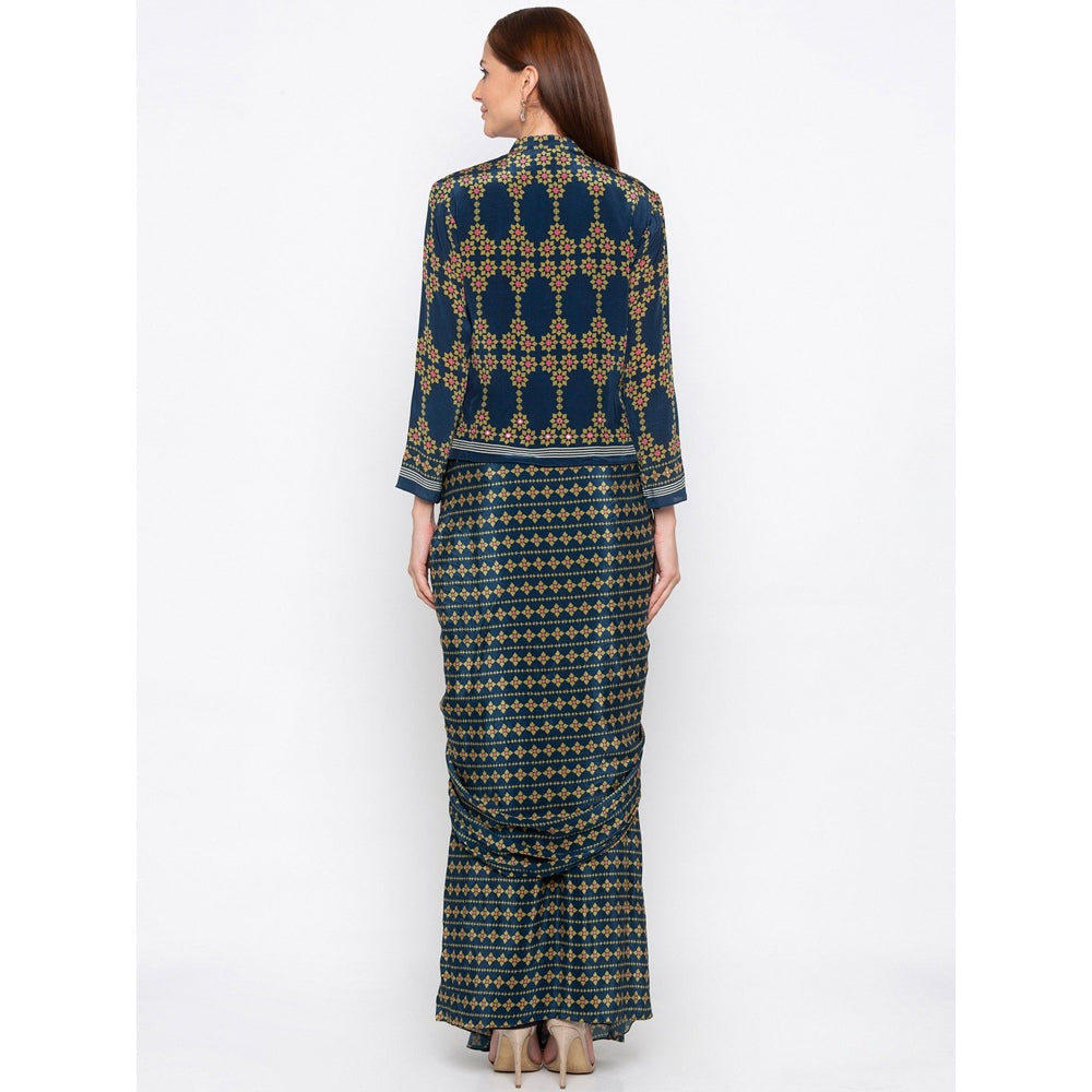 Soup by Sougat Paul Teal Printed Drape Skirt With Jacket - Customisable (Set of 2)