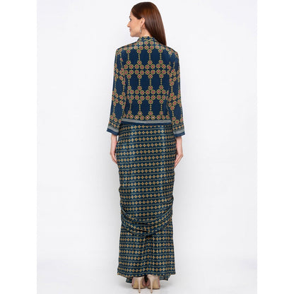 Soup by Sougat Paul Teal Printed Drape Skirt With Jacket - Customisable (Set of 2)