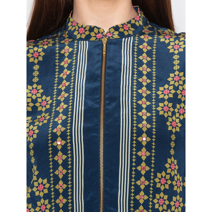 Soup by Sougat Paul Teal Printed Drape Skirt With Jacket - Customisable (Set of 2)