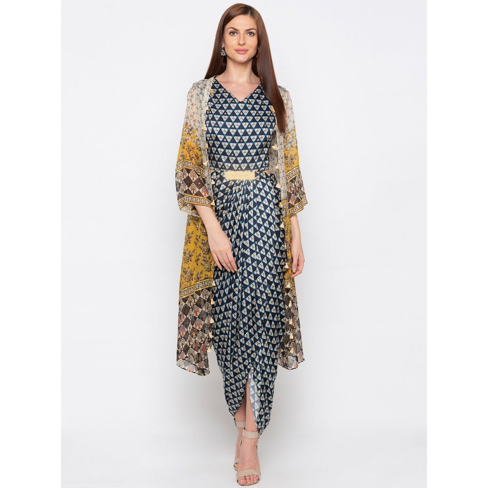 Soup by Sougat Paul Navy Blue Printed Jumpsuit With Jacket - Customisable (Set of 2)