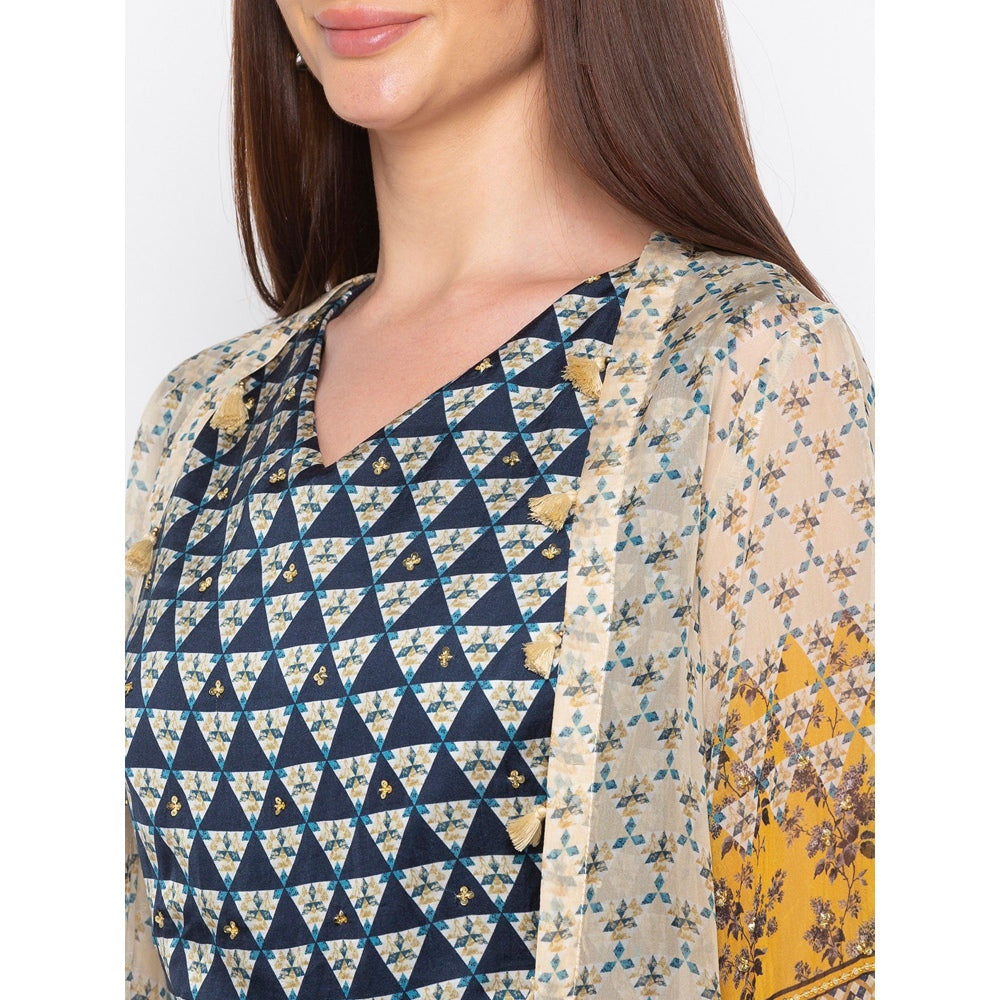 Soup by Sougat Paul Navy Blue Printed Jumpsuit With Jacket - Customisable (Set of 2)