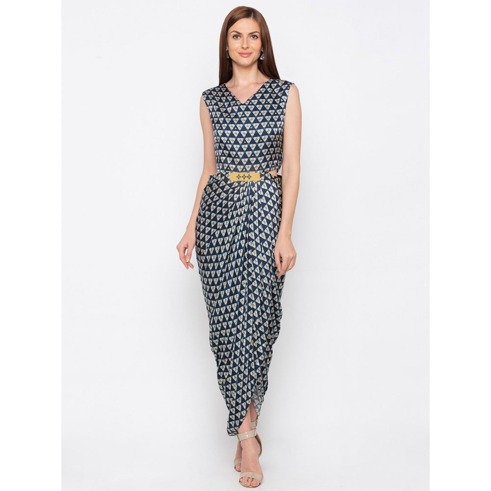 Soup by Sougat Paul Navy Blue Printed Jumpsuit With Jacket - Customisable (Set of 2)