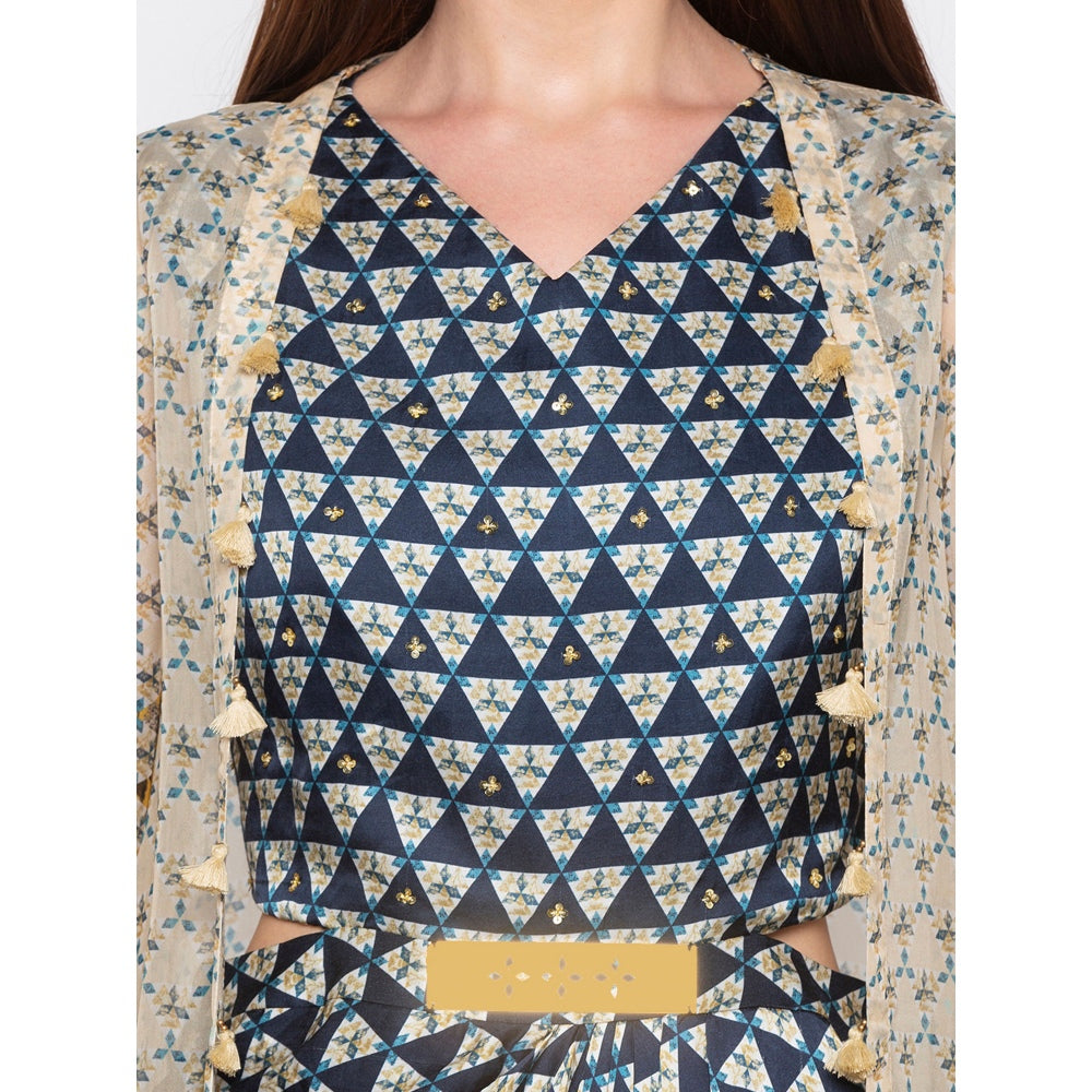 Soup by Sougat Paul Navy Blue Printed Jumpsuit With Jacket - Customisable (Set of 2)