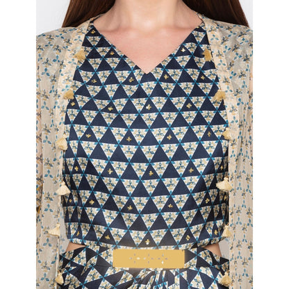 Soup by Sougat Paul Navy Blue Printed Jumpsuit With Jacket - Customisable (Set of 2)