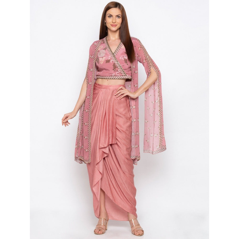 Soup by Sougat Paul Pink Printed Crop Top With Drape Skirt And Jacket (Set of 3)