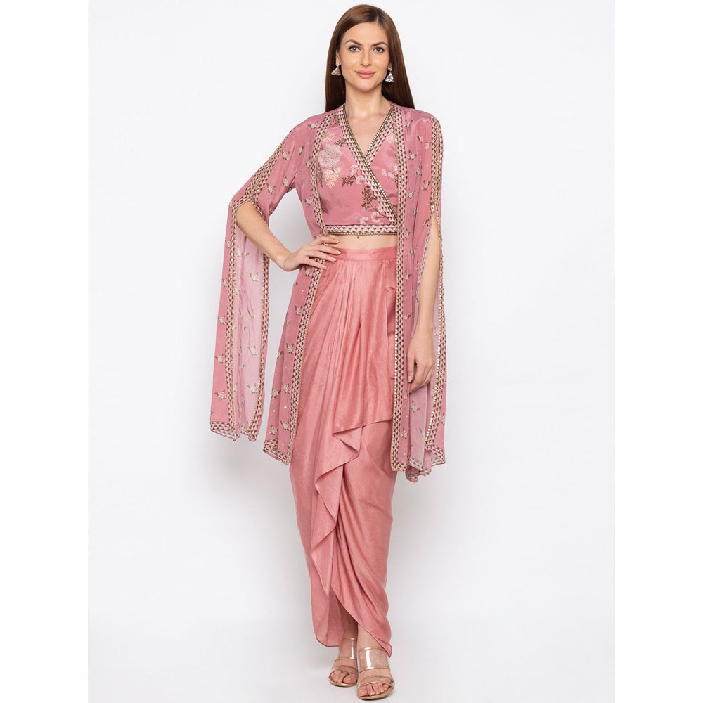 Soup by Sougat Paul Pink Printed Crop Top With Drape Skirt And Jacket (Set of 3)