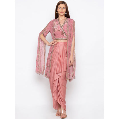 Soup by Sougat Paul Pink Printed Crop Top With Drape Skirt And Jacket (Set of 3)