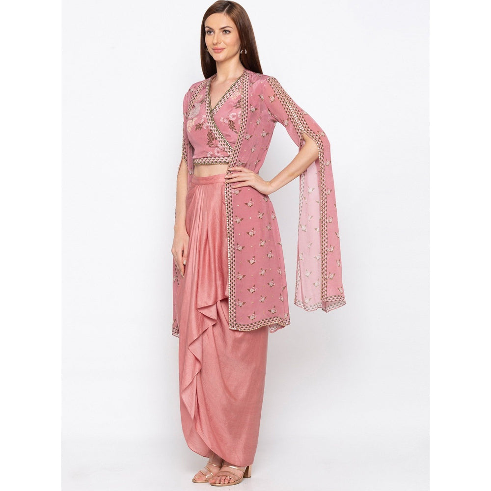 Soup by Sougat Paul Pink Printed Crop Top With Drape Skirt And Jacket (Set of 3)