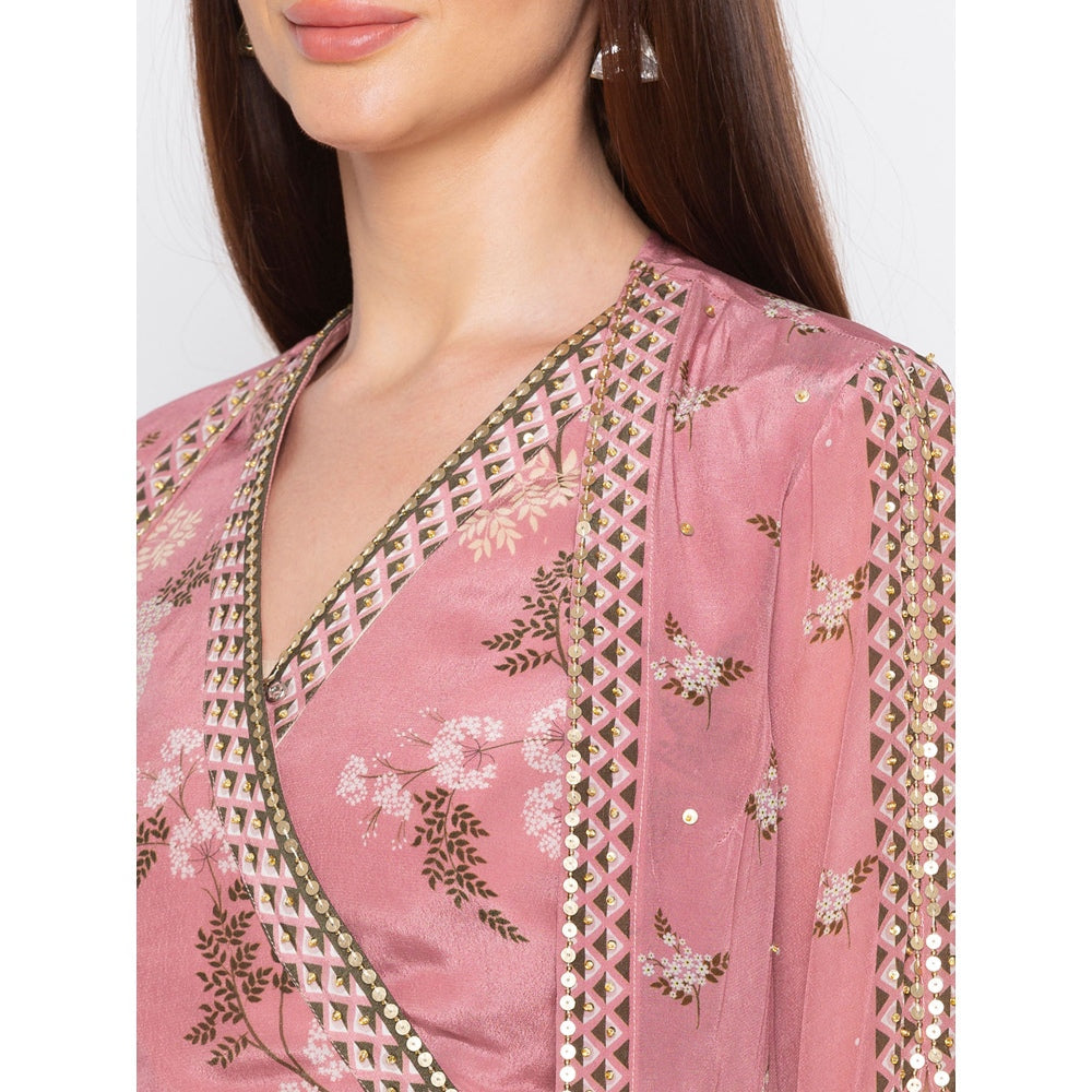 Soup by Sougat Paul Pink Printed Crop Top With Drape Skirt And Jacket (Set of 3)