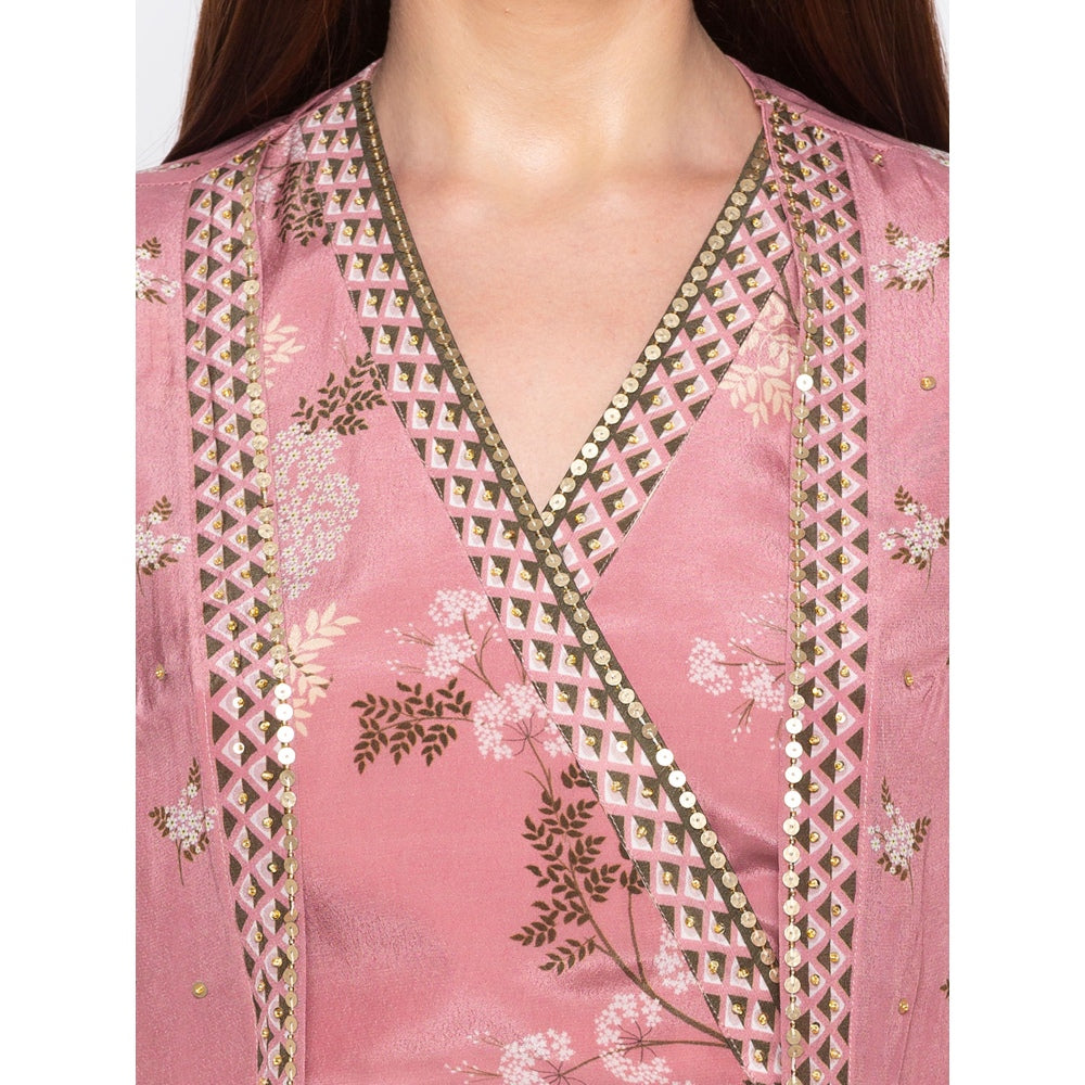 Soup by Sougat Paul Pink Printed Crop Top With Drape Skirt And Jacket (Set of 3)