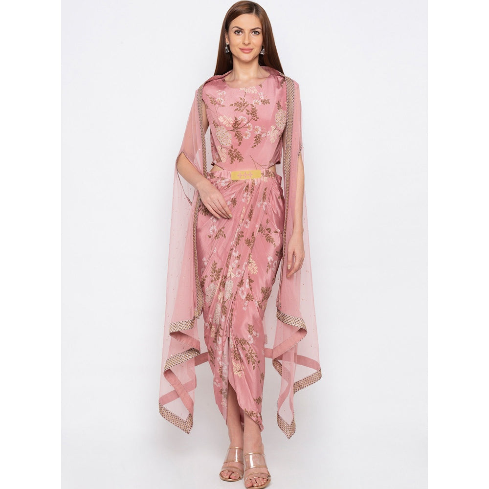 Soup by Sougat Paul Pink Printed Dress With Cape - Customisable (Set of 2)