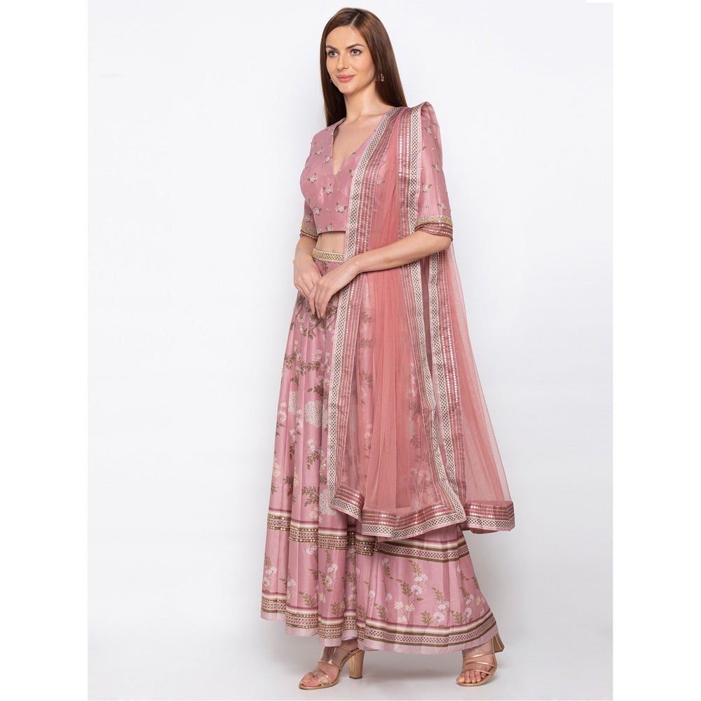 Soup by Sougat Paul Pink Printed Crop Top With Lehenga And Dupatta - Customisable (Set of 3)