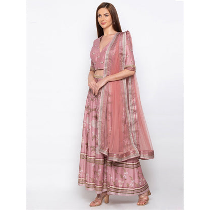 Soup by Sougat Paul Pink Printed Crop Top With Lehenga And Dupatta - Customisable (Set of 3)