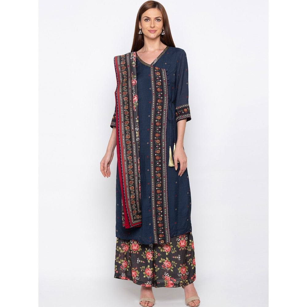 Soup by Sougat Paul Navy Blue Kurta With Palazzo And Dupatta - Customisable (Set of 3)