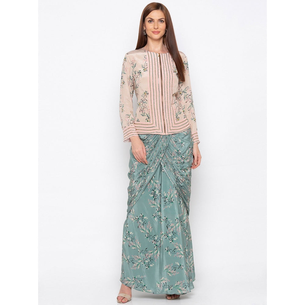 Soup by Sougat Paul Pink Printed Jacket With Drape Skirt (Set of 2)