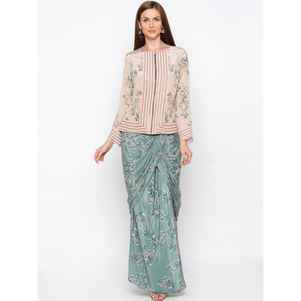 Soup by Sougat Paul Pink Printed Jacket With Drape Skirt (Set of 2)