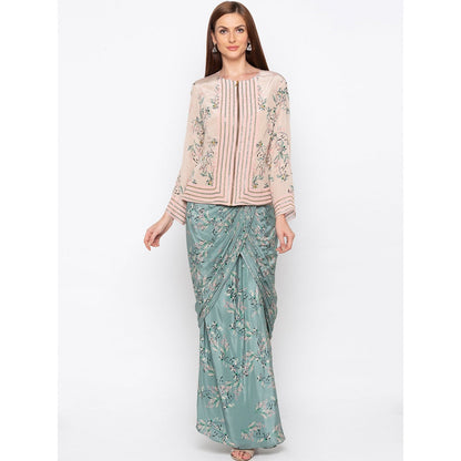 Soup by Sougat Paul Pink Printed Jacket With Drape Skirt (Set of 2)