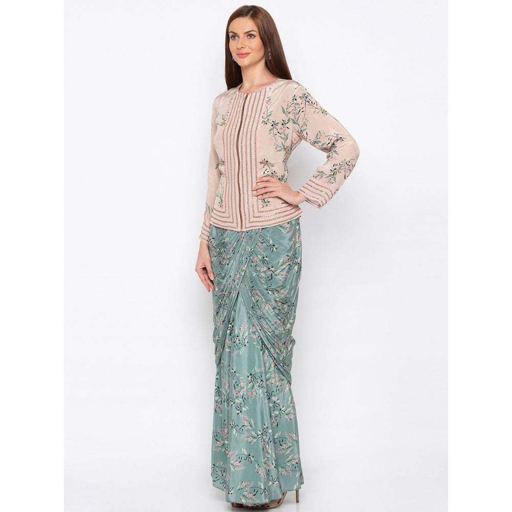 Soup by Sougat Paul Pink Printed Jacket With Drape Skirt (Set of 2)