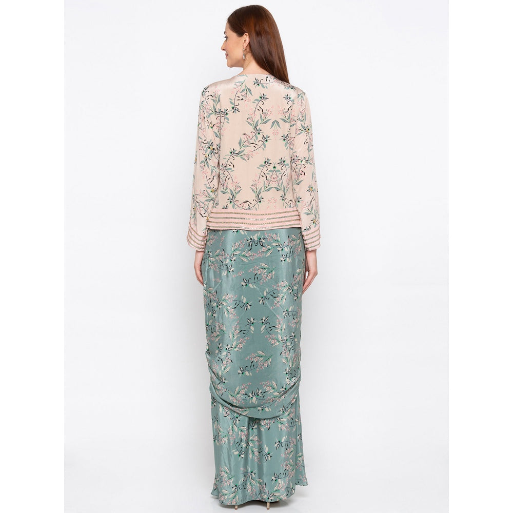 Soup by Sougat Paul Pink Printed Jacket With Drape Skirt (Set of 2)