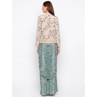 Soup by Sougat Paul Pink Printed Jacket With Drape Skirt (Set of 2)