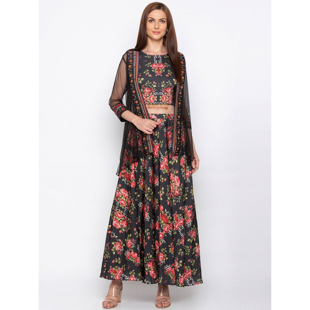 Soup by Sougat Paul Black Floral Printed Crop Top With Flared Pants And Jacket (Set of 3)