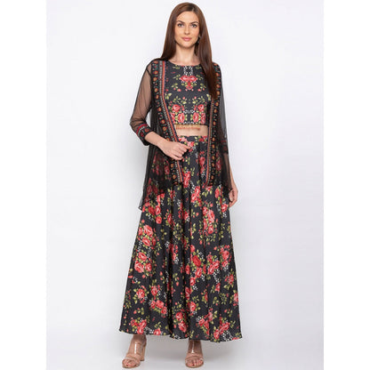 Soup by Sougat Paul Black Floral Printed Crop Top With Flared Pants And Jacket (Set of 3)