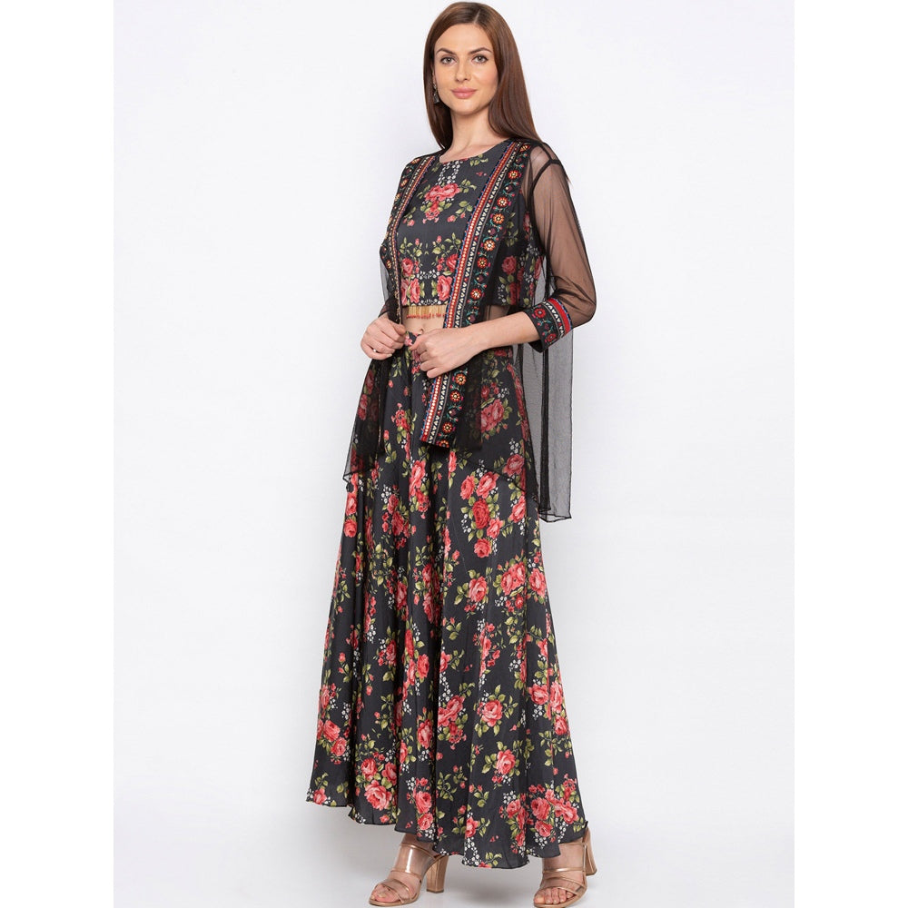 Soup by Sougat Paul Black Floral Printed Crop Top With Flared Pants And Jacket (Set of 3)
