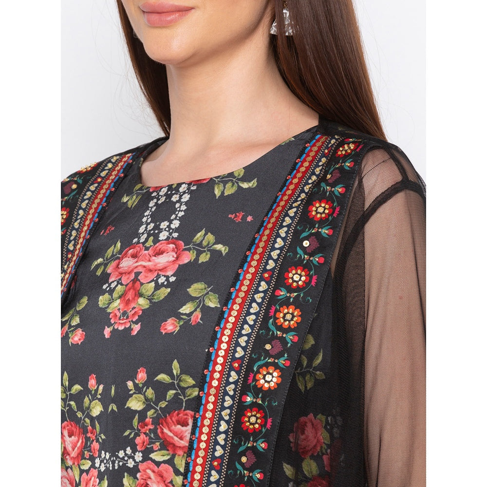 Soup by Sougat Paul Black Floral Printed Crop Top With Flared Pants And Jacket (Set of 3)