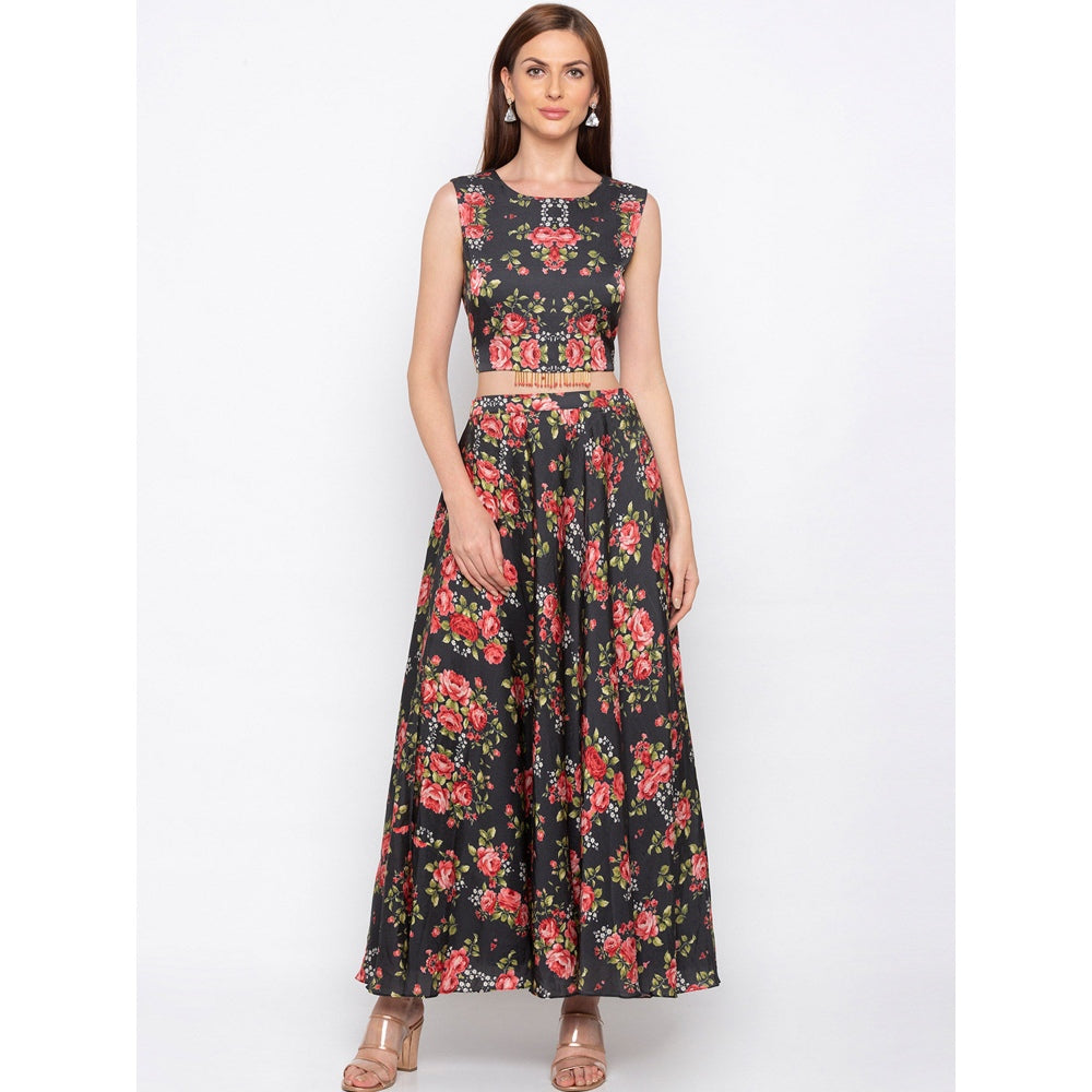 Soup by Sougat Paul Black Floral Printed Crop Top With Flared Pants And Jacket (Set of 3)