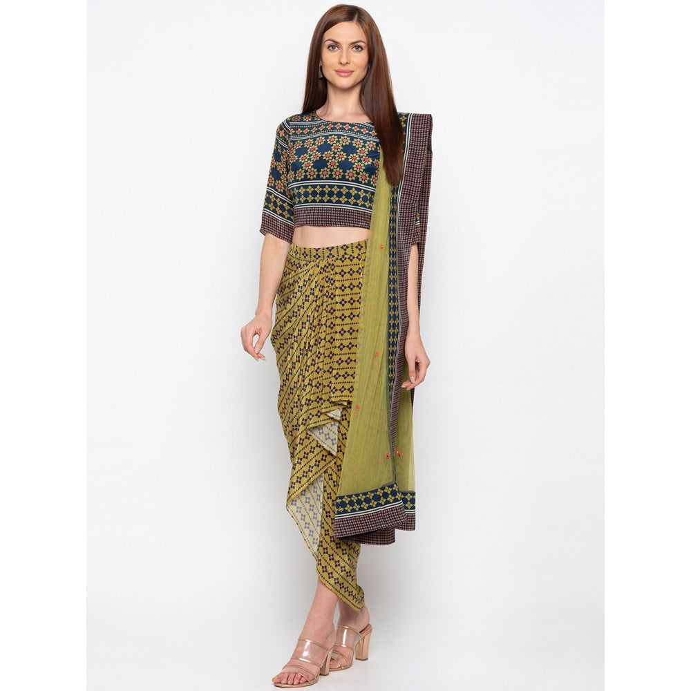 Soup by Sougat Paul Navy Blue Printed Crop Top With Drape Skirt And Dupatta (Set of 3)