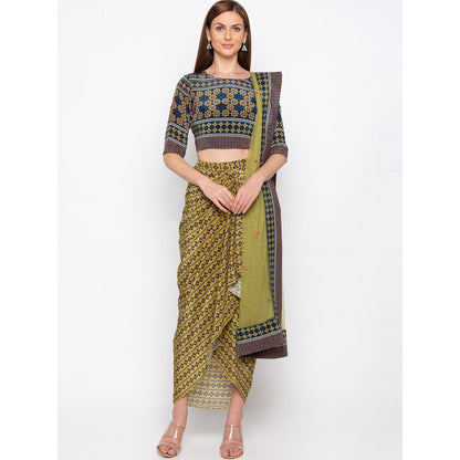 Soup by Sougat Paul Navy Blue Printed Crop Top With Drape Skirt And Dupatta (Set of 3)