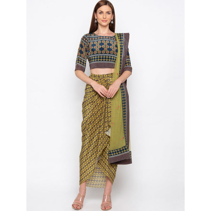 Soup by Sougat Paul Navy Blue Printed Crop Top With Drape Skirt And Dupatta (Set of 3)