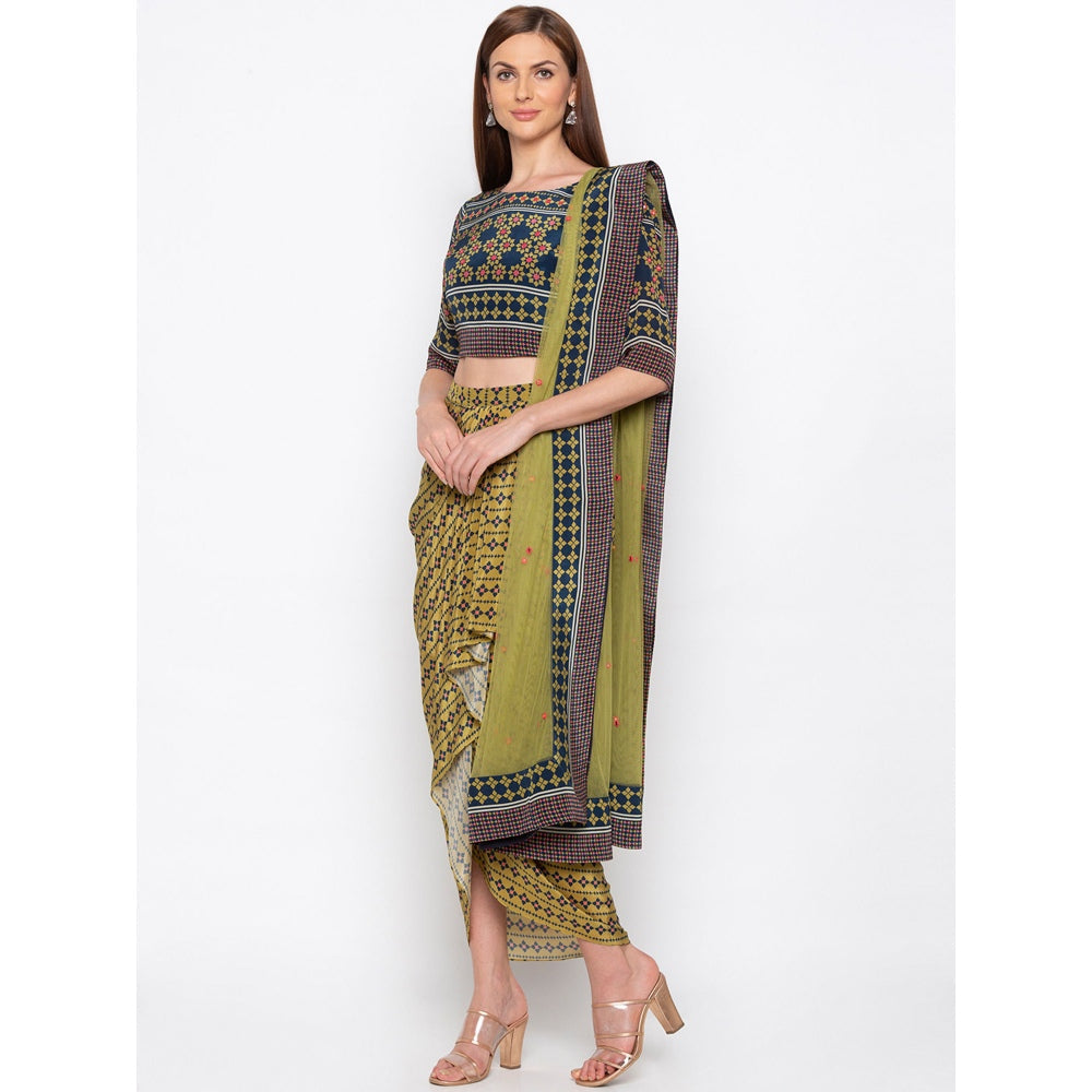 Soup by Sougat Paul Navy Blue Printed Crop Top With Drape Skirt And Dupatta (Set of 3)