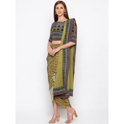 Soup by Sougat Paul Navy Blue Printed Crop Top With Drape Skirt And Dupatta (Set of 3)