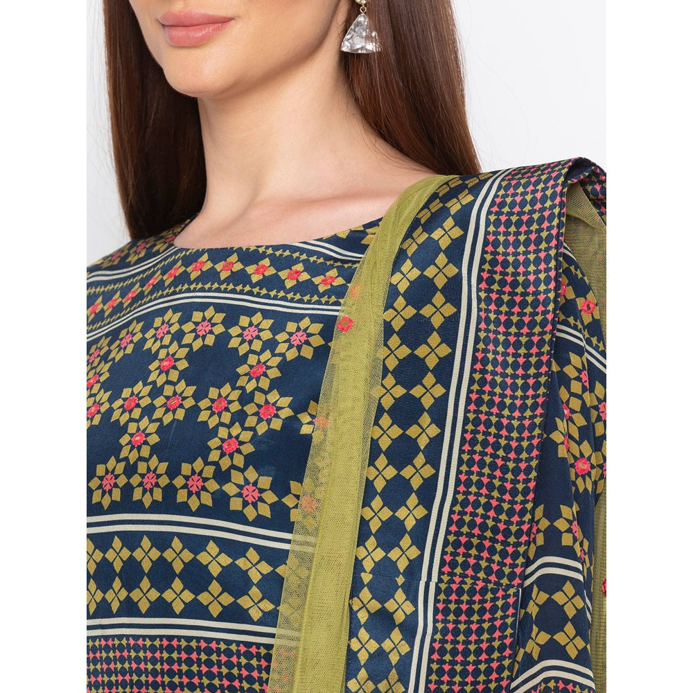 Soup by Sougat Paul Navy Blue Printed Crop Top With Drape Skirt And Dupatta (Set of 3)