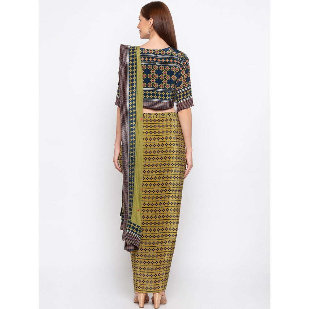 Soup by Sougat Paul Navy Blue Printed Crop Top With Drape Skirt And Dupatta (Set of 3)