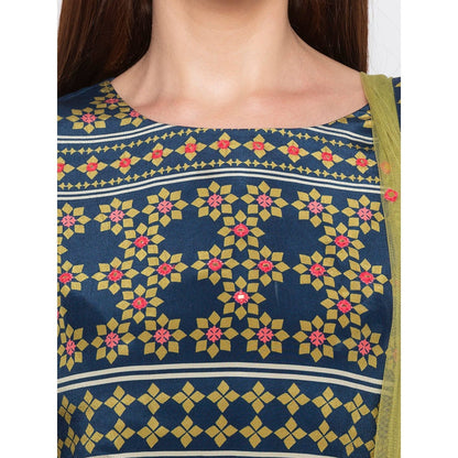 Soup by Sougat Paul Navy Blue Printed Crop Top With Drape Skirt And Dupatta (Set of 3)