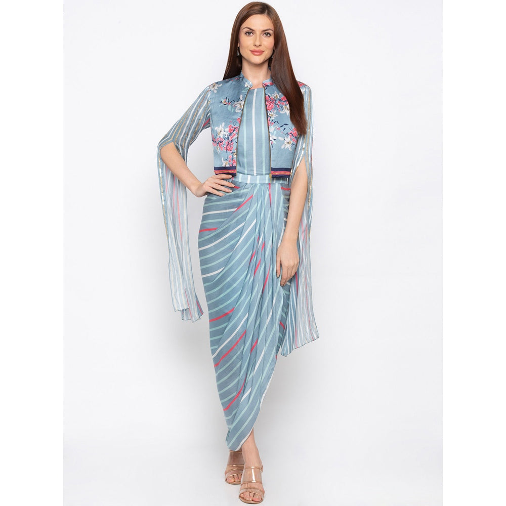 Soup by Sougat Paul Blue Striped Drape Dress With Jacket (Set of 2)