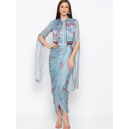 Soup by Sougat Paul Blue Striped Drape Dress With Jacket (Set of 2)