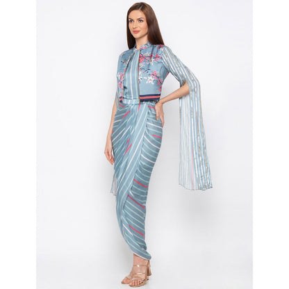 Soup by Sougat Paul Blue Striped Drape Dress With Jacket (Set of 2)