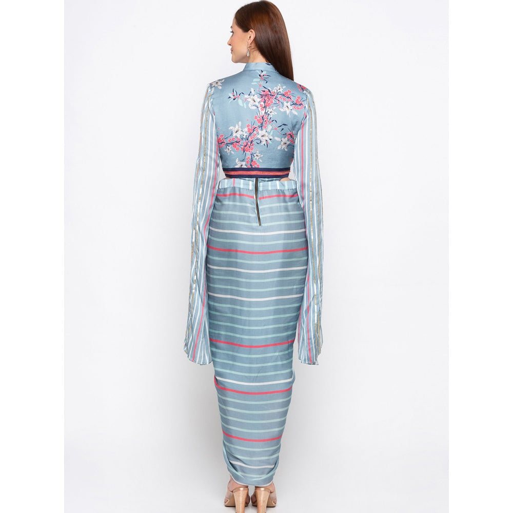 Soup by Sougat Paul Blue Striped Drape Dress With Jacket (Set of 2)