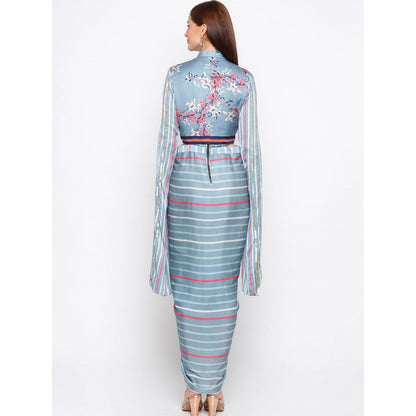 Soup by Sougat Paul Blue Striped Drape Dress With Jacket (Set of 2)