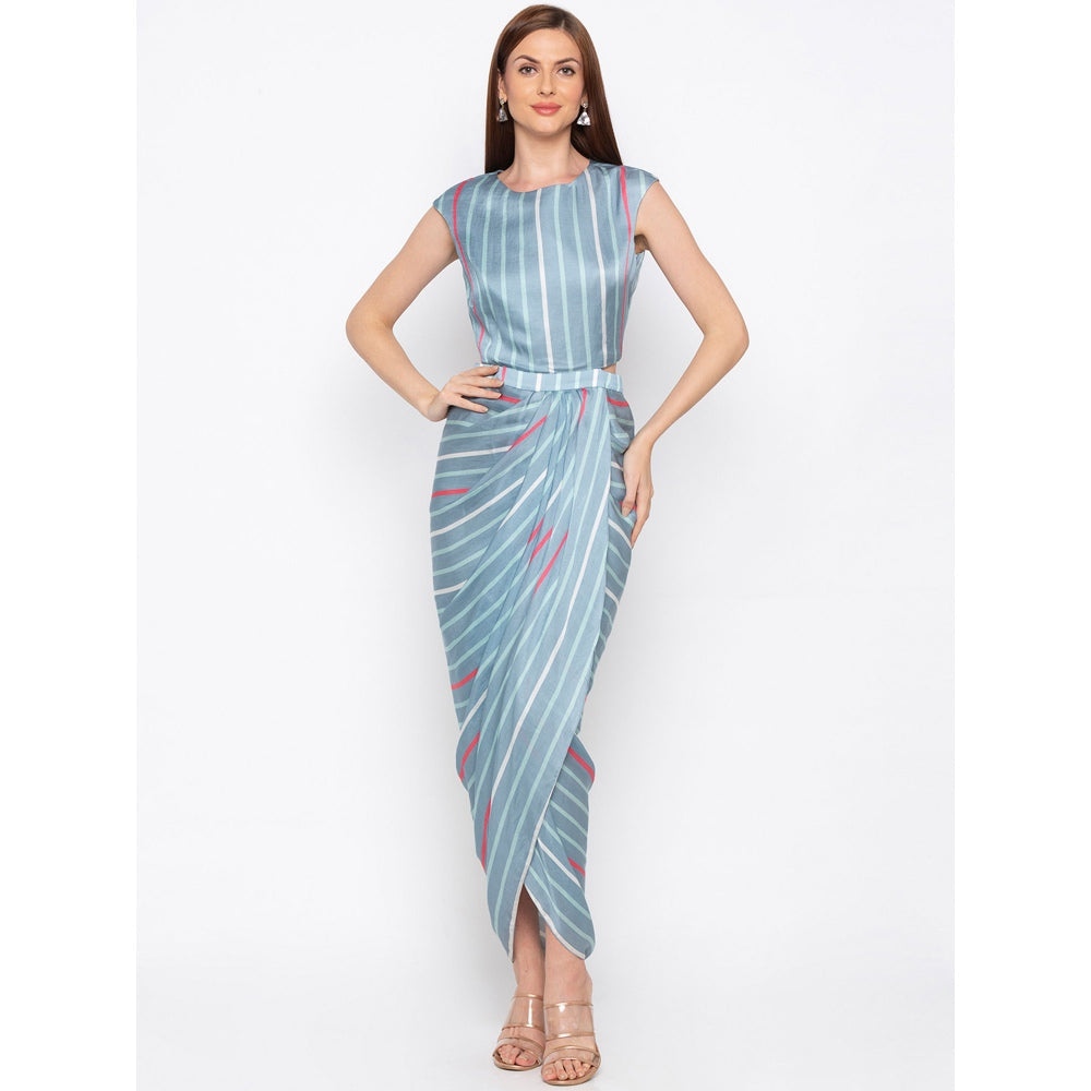 Soup by Sougat Paul Blue Striped Drape Dress With Jacket (Set of 2)